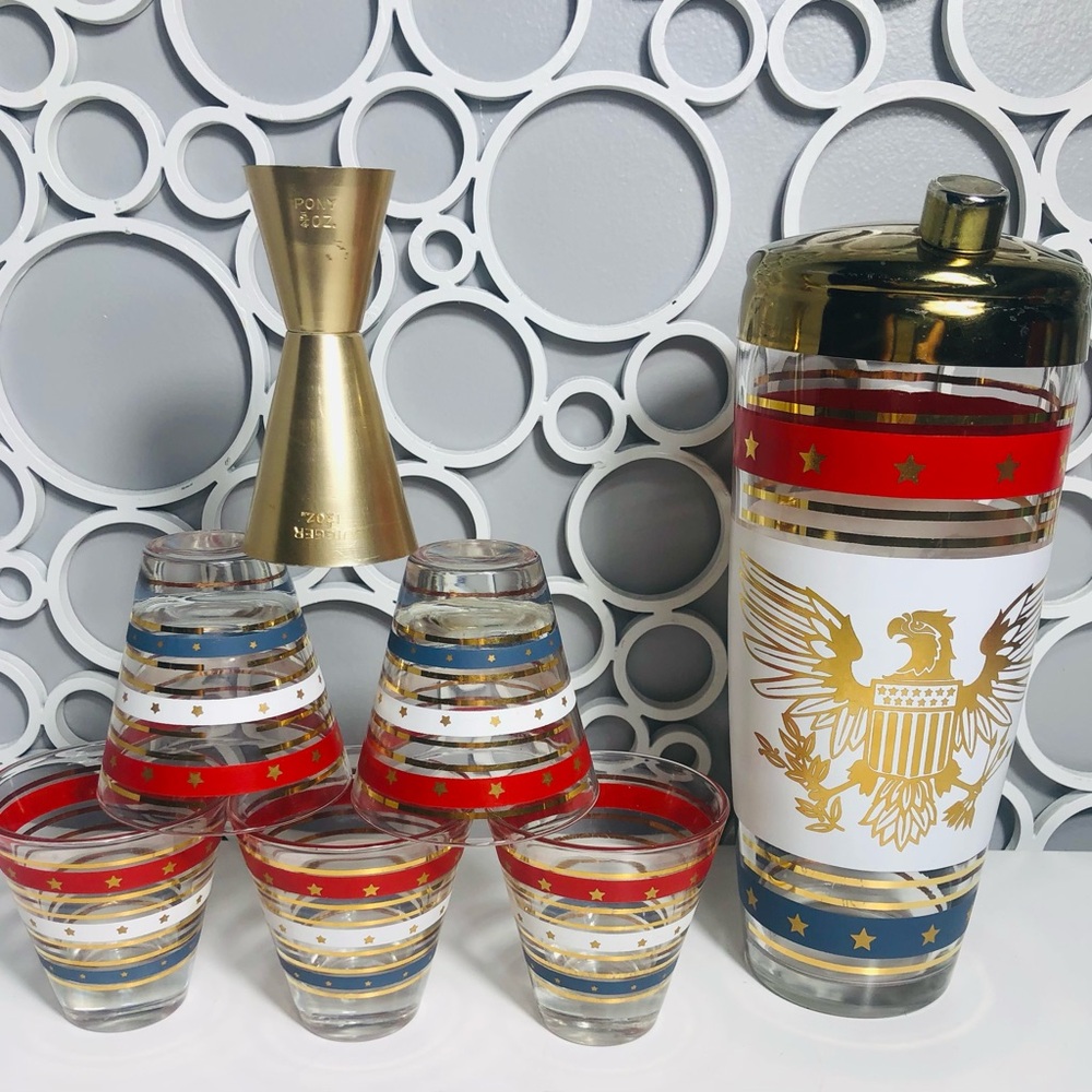 VTG MCM PATRIOTIC BAR SET MARTINI 🍸 SHAKER/GLASSES & JIGGER ❣️🇺🇸❣️